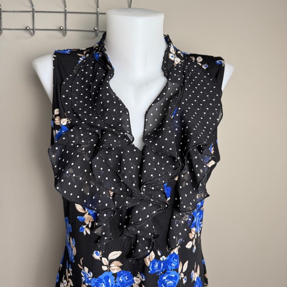 WHBM Sleeveless Black Floral‎ Mini Dress Ruffle Collar Size Medium Whimsigoth - Picture 3 of 13